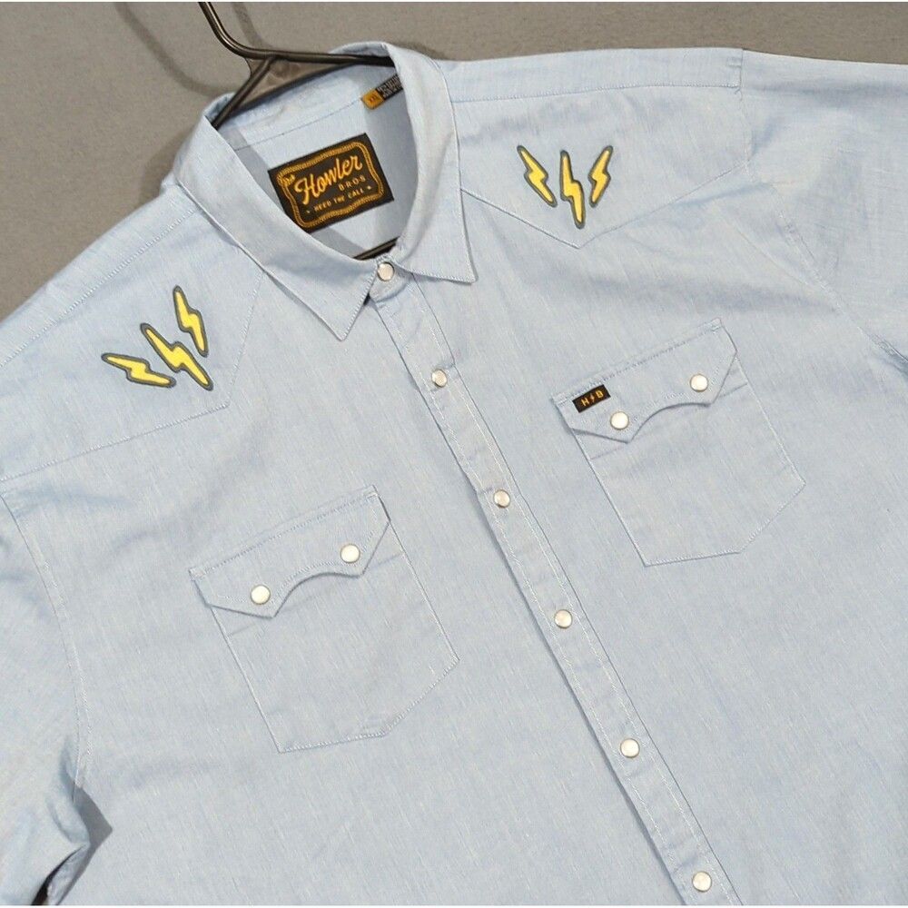 Howler Bros Shirt Mens XXL Blue Crosscut Deluxe Short Sleeve Volts Sawtooth Snap